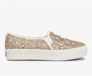 Keds x Kate Spade New York Triple Decker Glitter Flowers Slip On γυναικεια χρυσο χρωμα | MOL241906