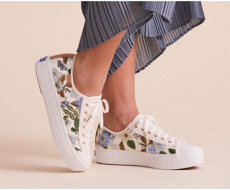 Keds x Rifle Paper Co. Triple Kick Fields Embroidered Αθλητικα Παπουτσια γυναικεια ασπρα Πολύχρωμο | MHJ865930